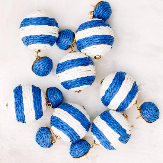 Blue and White Striped Pom Pom Earrings