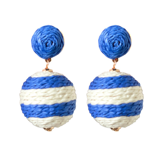 Blue and White Striped Pom Pom Earrings