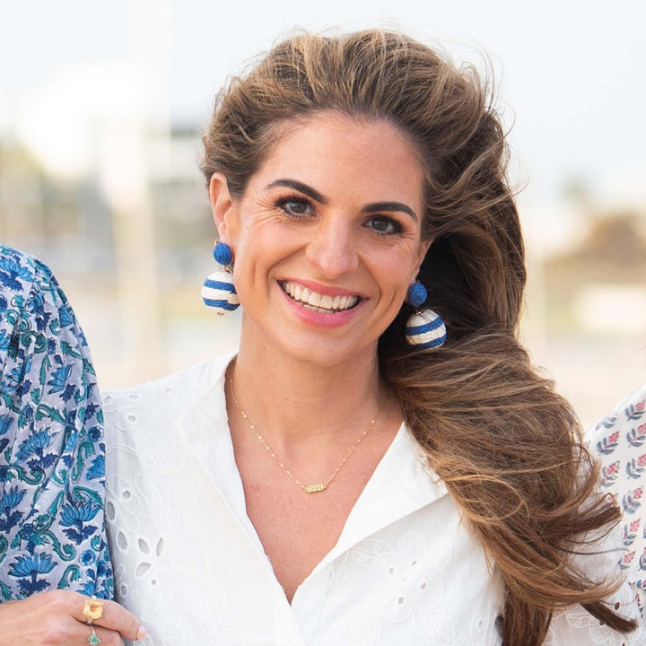 Blue and White Striped Pom Pom Earrings