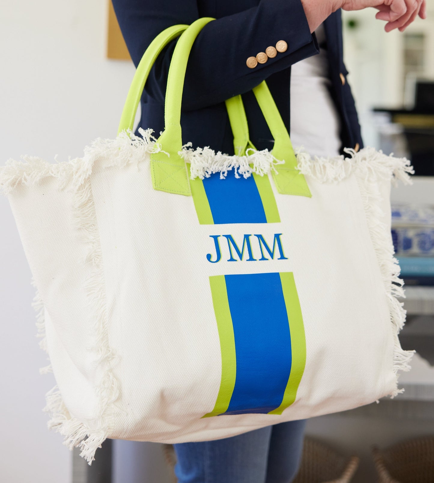 Stripe Monogram Canvas Tote Bag