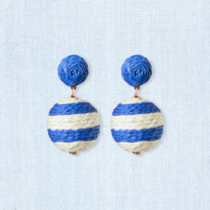 Blue and White Striped Pom Pom Earrings