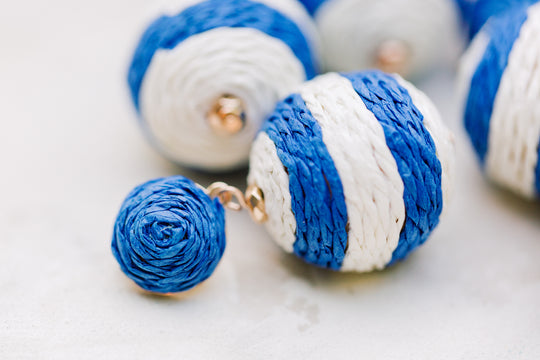 Blue and White Striped Pom Pom Earrings