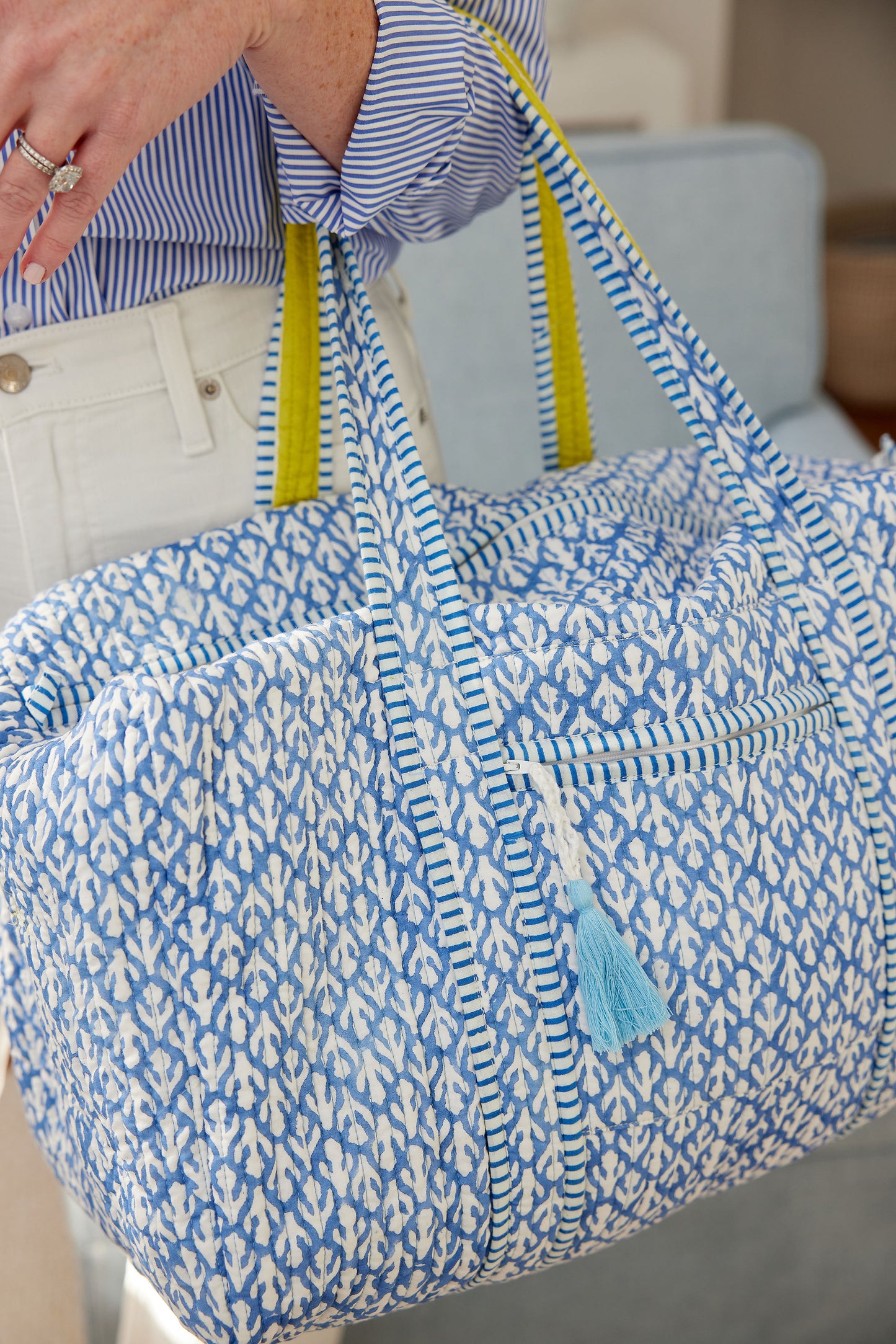 Blue block print travel overnight weekender bag