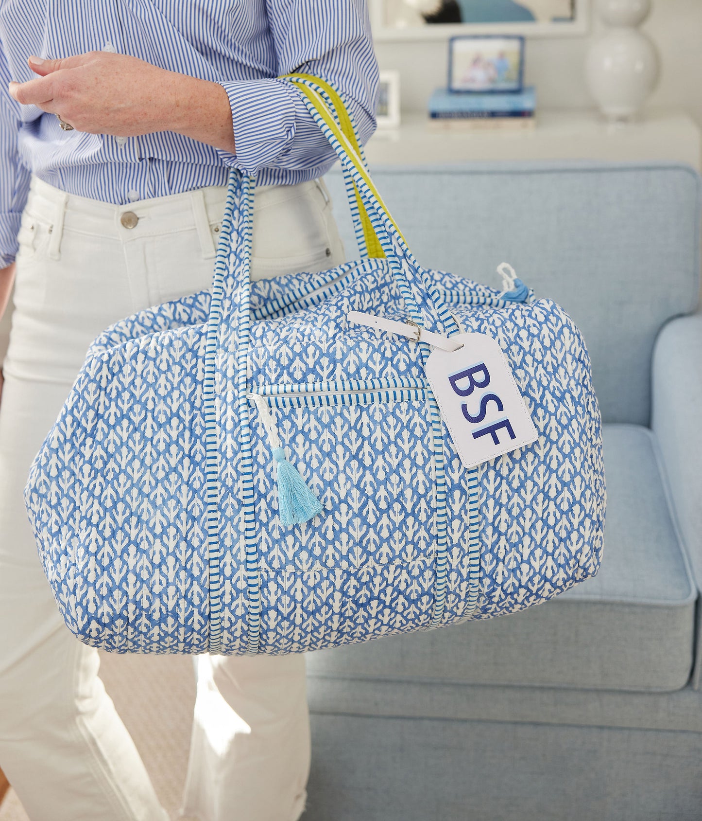 Blue block print travel overnight weekender bag