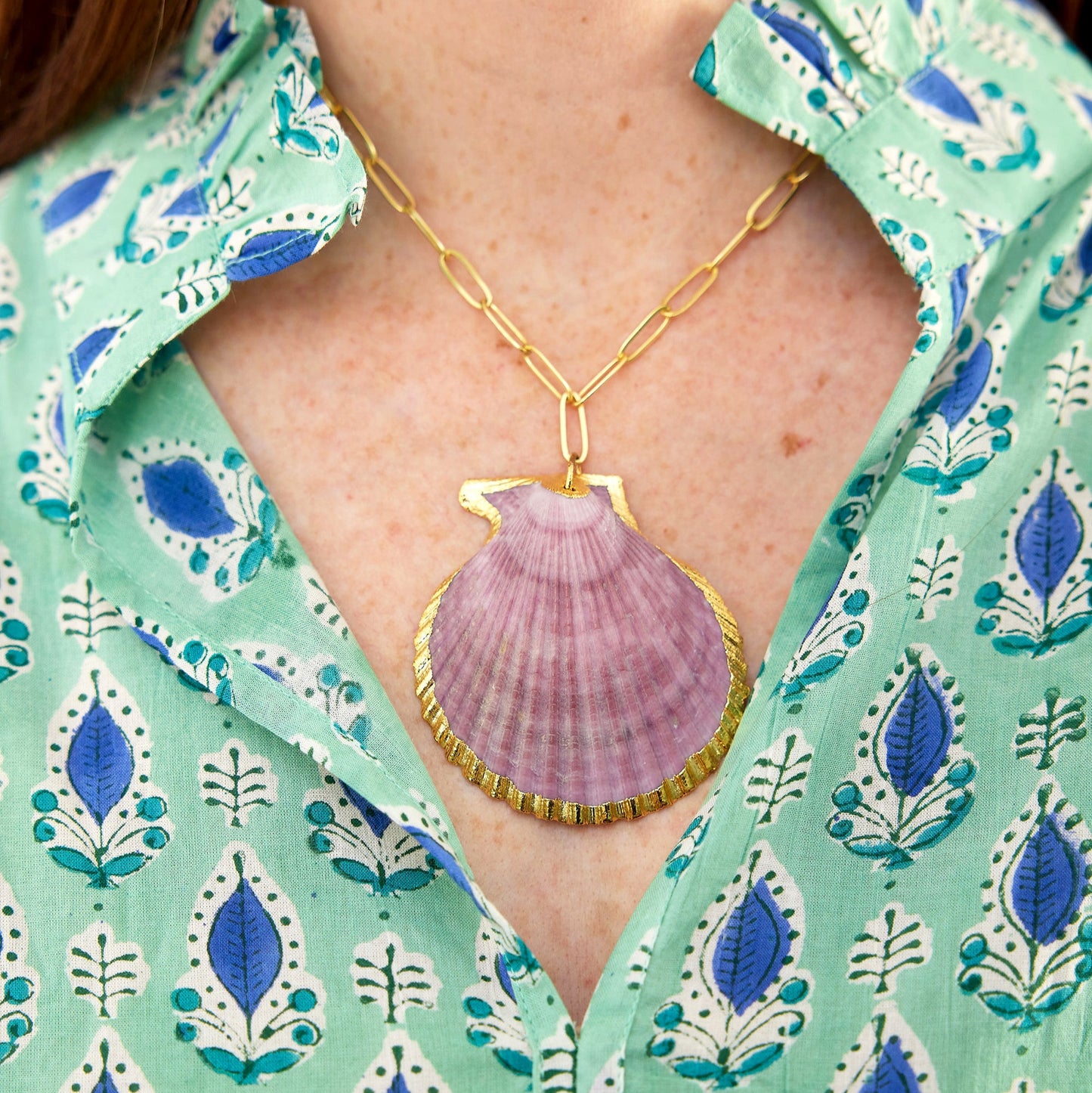 pink and gold shell statement necklace resort jewelry